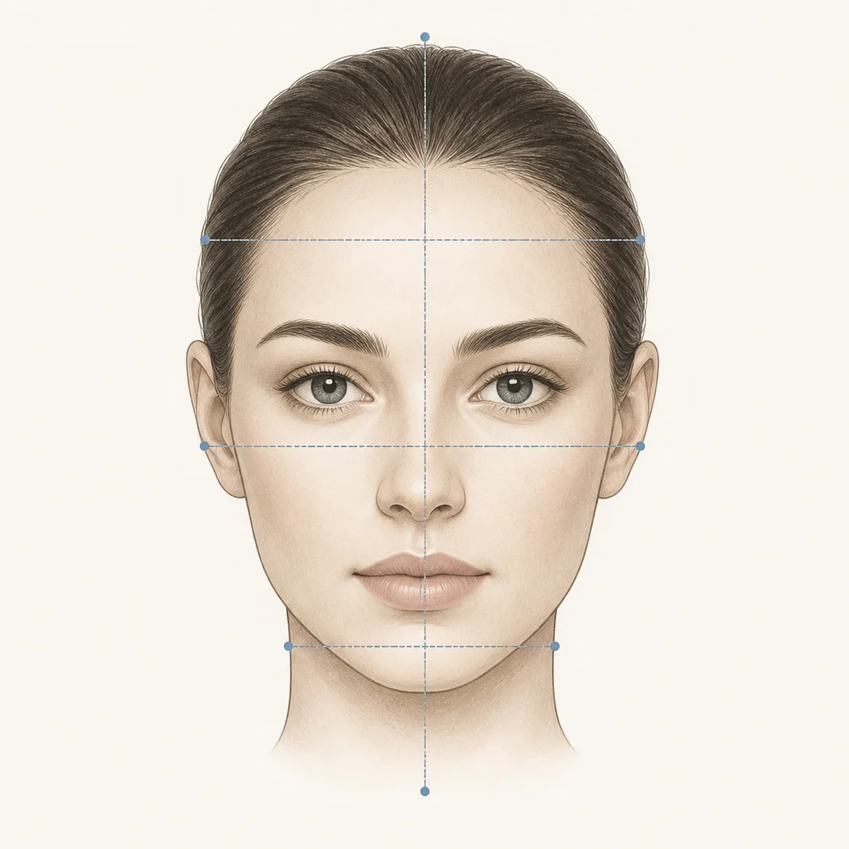 Illustrative face diagram showing forehead, cheekbone, jawline, and face-length measurement guides