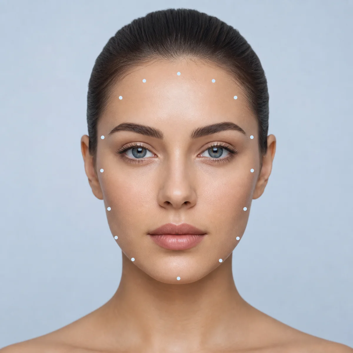 Illustrative front-facing portrait with facial landmark points for face shape recognition