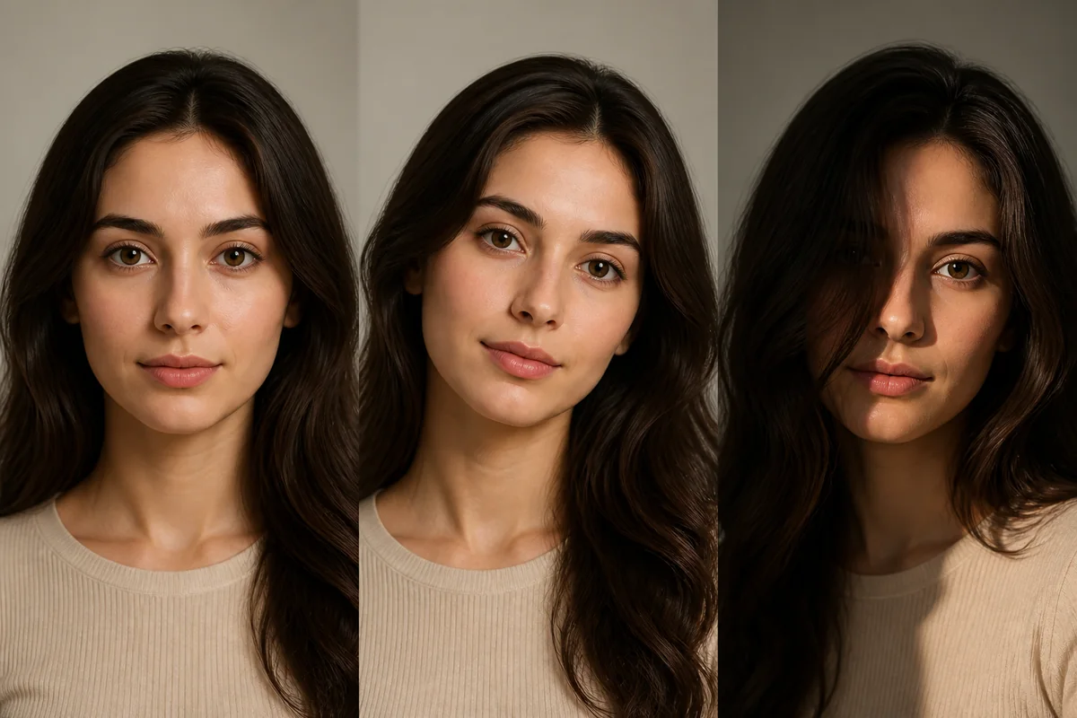 Illustration comparing a clear front-facing portrait with tilted and partly shadowed photo conditions