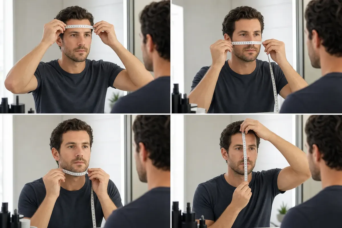 Un homme mesure son front, ses pommettes, sa mâchoire et la longueur de son visage avec un mètre souple