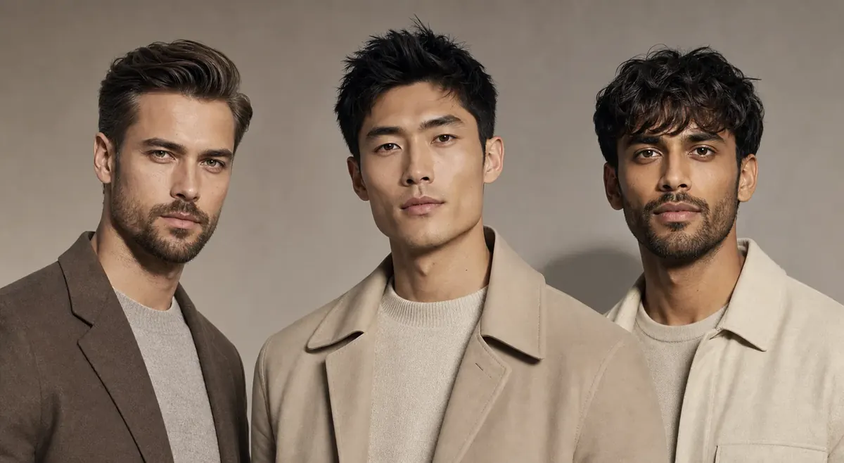 Trois hommes montrent différentes directions d’équilibre pour les cheveux et la barbe