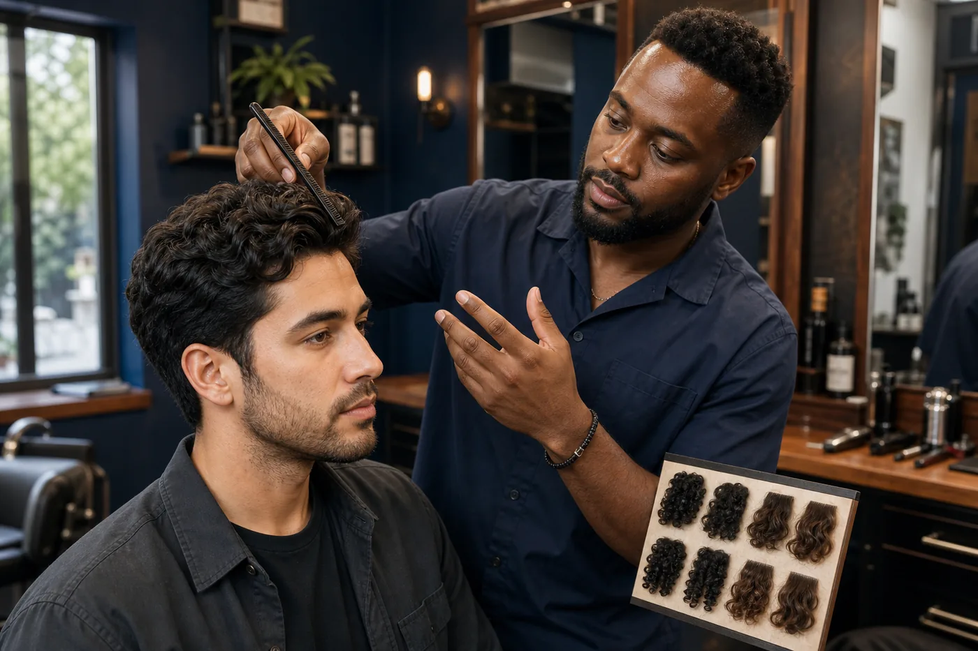 Barbero comentando textura rizada y volumen lateral para un rostro alargado