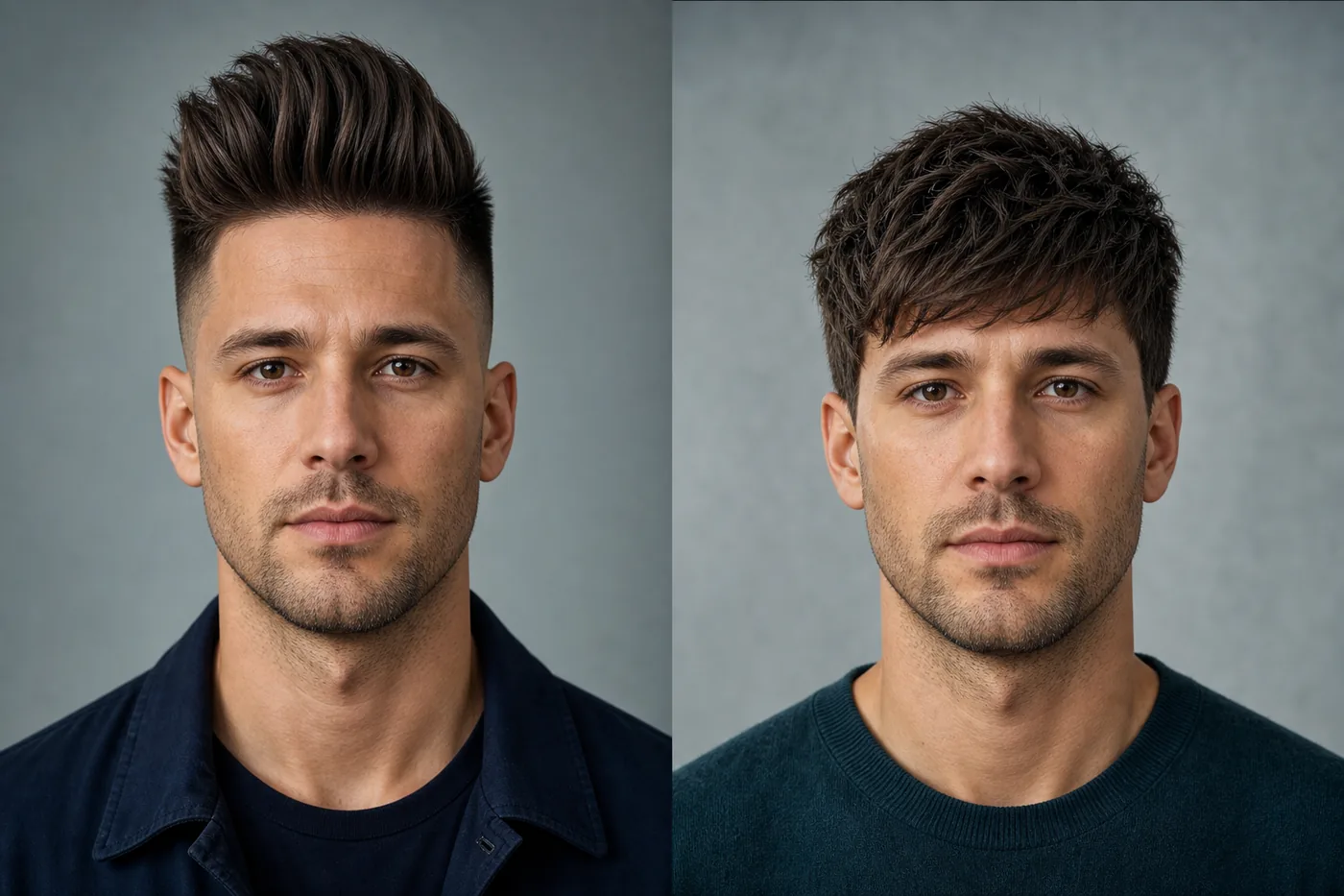 Comparación entre peinado muy alto y flequillo texturizado equilibrado en un rostro alargado masculino